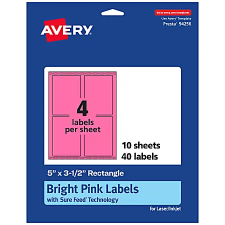 Avery&reg; Printable Labels With Sure Feed&reg; Technology, 94256-BPP10, Rectangle, 5" x 3-1/2", Matte Bright Pink, Pack of 40 Handmade