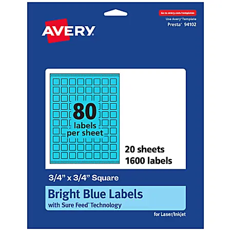 Big Sale Avery&reg; Print-To-The-Edge Labels With Sure Feed&reg; Technology And Easy Peel&reg;, 94102-BBP20, Square, 3/4" x 3/4", Matte Bright Blue, Pack of 1600