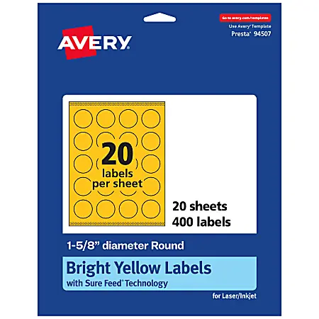 Clearance Avery&reg; Print-To-The-Edge Labels With Sure Feed&reg; Technology And Easy Peel&reg; Label Feature, 94507-BYP20, Round, 1-5/8", Matte Bright Yellow, Pack of 400