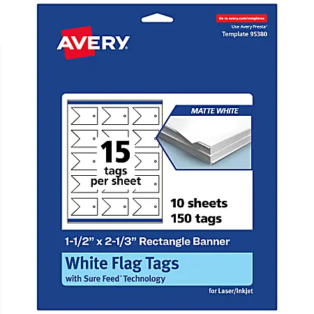 Avery&reg; Print-To-The-Edge Flag Tags With Sure Feed&reg; Technology, 1-1/2"x2-1/3" Rectangle Banner, Matte White, Pack Of 150 Top Rated