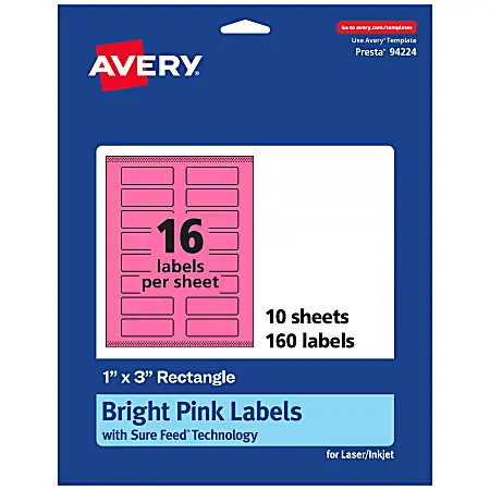 Best Price Avery&reg; Print-To-The-Edge Labels With Sure Feed&reg; Technology And Easy Peel&reg;, 94224-BPP10, Rectangle, 1" x 3", Matte Bright Pink, Pack of 160
