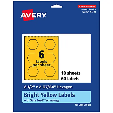 Warranty Included Avery&reg; Print-To-The-Edge Labels With Sure Feed&reg; Technology, 94121-BYP10, Hexagon, 2-1/2" x 2-57/64", Matte Bright Yellow, Pack of 60