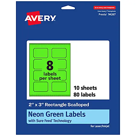 Crafted Avery&reg; Print-To-The-Edge Labels With Sure Feed&reg; Technology, 94267-NGP10, Rectangle Scalloped, 2" x 3", Matte Neon Green, Pack of 80