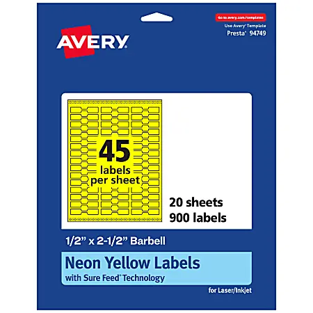 Grab Now Avery&reg; Printable Labels With Sure Feed&reg; Technology, 94749-NYP20, Barbell, 1/2" x 2-1/2", Matte Neon Yellow, Pack of 900