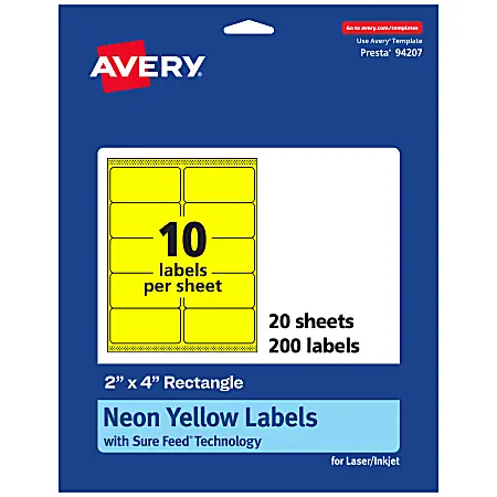 Grab Now Avery&reg; Printable Labels With Sure Feed&reg; Technology, 94207-NYP20, Rectangle, 2" x 4", Matte Neon Yellow, Pack of 200