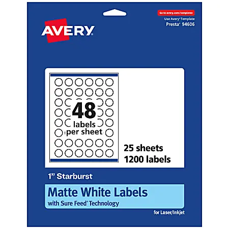 Genuine Avery&reg; Permanent Labels With Sure Feed&reg;, 94606-WMP25, Starburst, 1", White, Pack Of 1,200