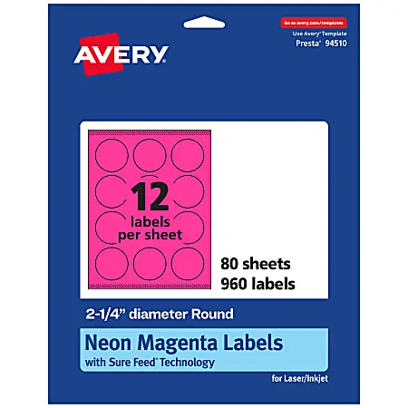 Clearance Avery&reg; Print-To-The-Edge Labels With Sure Feed&reg; Technology, 94510-NMP80, Round, 2-1/4", Matte Neon Magenta, Pack of 960