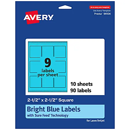 Avery&reg; Printable Labels With Sure Feed&reg; Technology, 94104-BBP10, Square, 2-1/2" x 2-1/2", Matte Bright Blue, Pack of 90 Bargain