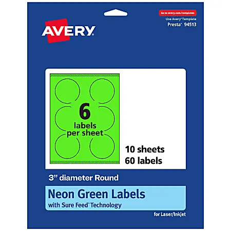 Avery&reg; Print-To-The-Edge Labels With Sure Feed&reg; Technology, 94513-NGP10, Round, 3", Matte Neon Green, Pack of 60 Holiday Sale