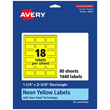 High Quality Avery&reg; Print-To-The-Edge Labels With Sure Feed&reg; Technology And Easy Peel&reg;, 94227-NYP80, Rectangle, 1-1/4" x 2-3/8", Matte Neon Yellow, Pack of 1440