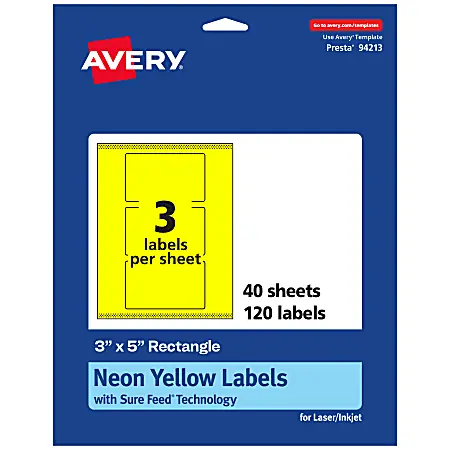 Direct From Factory Avery&reg; Print-To-The-Edge Labels With Sure Feed&reg; Technology And Easy Peel&reg;, 94213-NYP40, Rectangle, 3" x 5", Matte Neon Yellow, Pack of 120