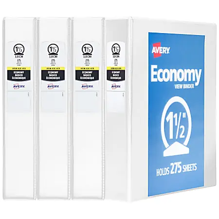 Authentic Avery&reg; Economy View 3 Ring Binders, 1-1/2" Round Rings, White, Pack Of 4