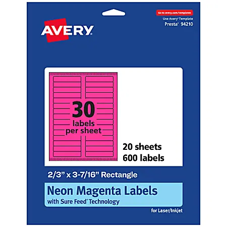 Hot Picks Avery&reg; Printable Labels With Sure Feed&reg; Technology, 94210-NMP20, Rectangle, 2/3" x 3-7/16", Matte Neon Magenta, Pack of 600
