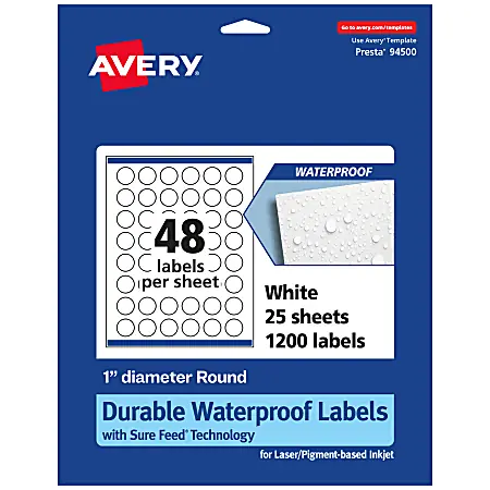 Avery&reg; Waterproof Permanent Labels With Sure Feed&reg;, 94500-WMF25, Round, 1" Diameter, White, Pack Of 1,200 Buy Online