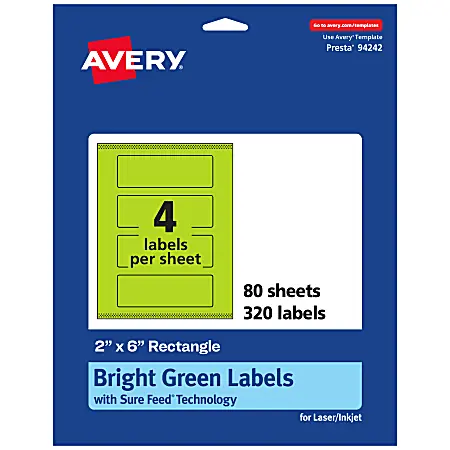 Wholesale Avery&reg; Print-To-The-Edge Labels With Sure Feed&reg; Technology And Easy Peel&reg;, 94242-BGP80, Rectangle, 2" x 6", Matte Bright Green, Pack of 320