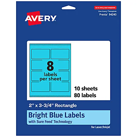 Get Yours Avery&reg; Print-To-The-Edge Labels With Sure Feed&reg; Technology And Easy Peel&reg;, 94240-BBP10, Rectangle, 2" x 3-3/4", Matte Bright Blue, Pack of 80