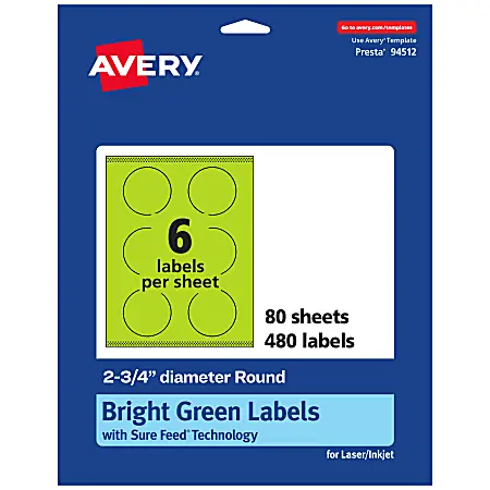 Free Delivery Avery&reg; Print-To-The-Edge Labels With Sure Feed&reg; Technology And Easy Peel&reg; Label Feature, 94512-BGP80, Round, 2-3/4", Matte Bright Green, Pack of 480