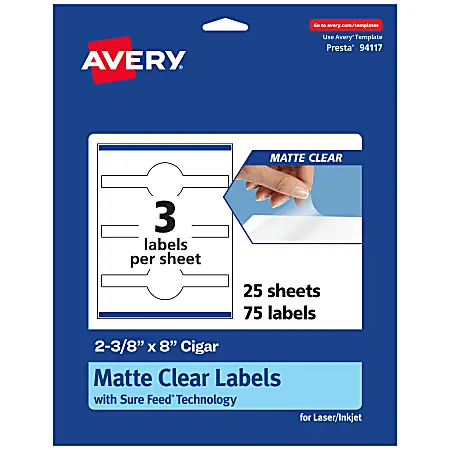 Avery&reg; Permanent Labels With Sure Feed&reg;, 94117-CMF25, Cigar, 2-3/8" x 8", Matte Clear, Pack Of 75 Affordable