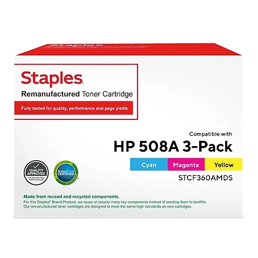 Certified Staples 508A Remanufactured Cyan, Magenta, Yellow High Yield Toner Cartridge Replacement for HP CF360AM, 3/Pack