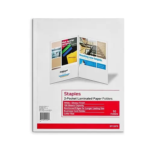 Low Price Staples Glossy 2-Pocket Paper Folder, White, 10/Pack (ST13375-CC)