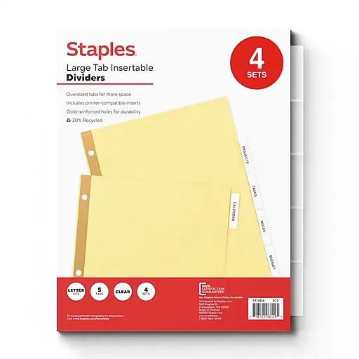 Staples Large Tab Insertable Paper Dividers, Clear, 5-Tabs, 4 Sets (13514/14480) Instant Buy