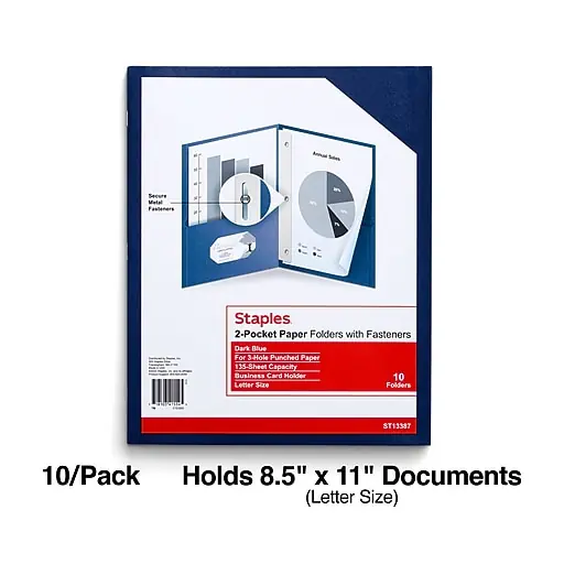 Staples 10% Recycled Smooth 2-Pocket Paper Presentation Folder with Fasteners, Dark Blue, 10/Pack (13387-US) Next Day Delivery
