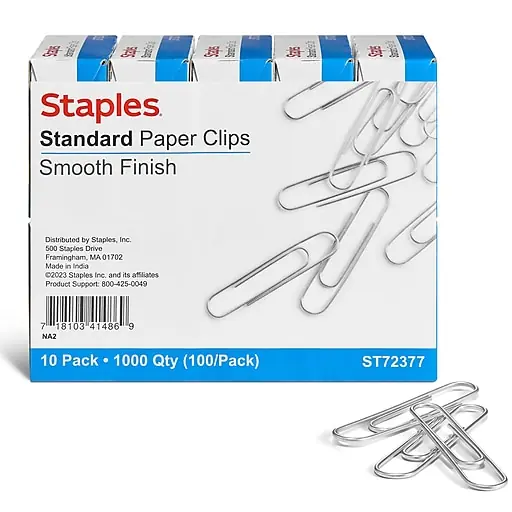 Big Sale Staples Smooth Standard Paper Clips, Silver, 100 Clips/Pack, 10/Pack (A7026607/72377)