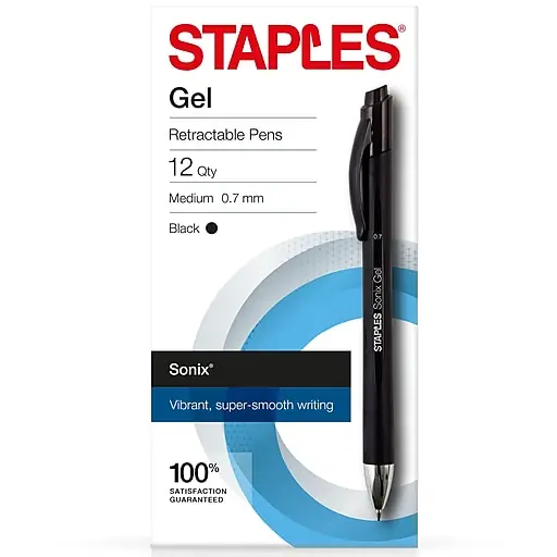 Clearance Staples Sonix Retractable Gel Pens, Medium Point, 0.7mm, Black Ink, Dozen (13561-CC)