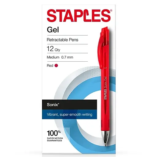 Staples Sonix Retractable Gel Pens, Medium Point, Red Ink, Dozen (13562-CC) Time-Limited