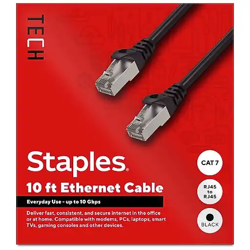 Hot Deal Staples TECH 10' Cat 7 Ethernet Cable, Male to Male, Black (ST62461)