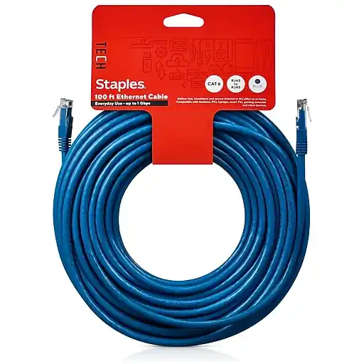 Markdown Staples TECH 100' Cat-6 Ethernet Cable, Male to Male, Blue (ST62452)