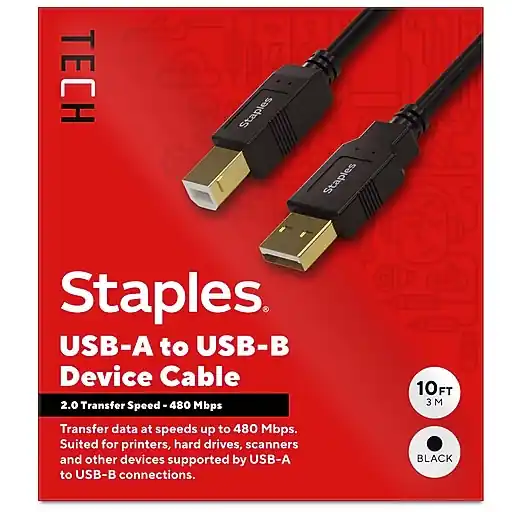 Staples TECH 10 ft. USB-A to USB-B 2.0 Cable, Male to Male, Black (ST62443) Certified