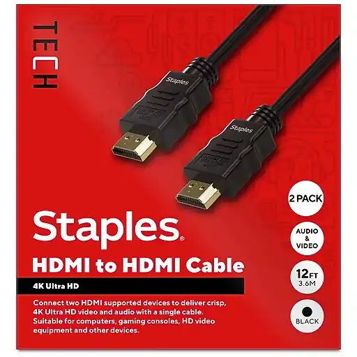 Mega Sale Staples TECH 12 ft. HDMI to HDMI Audio/Video Cable, Male to Male, Black, 2/Pack (ST62465-VB)