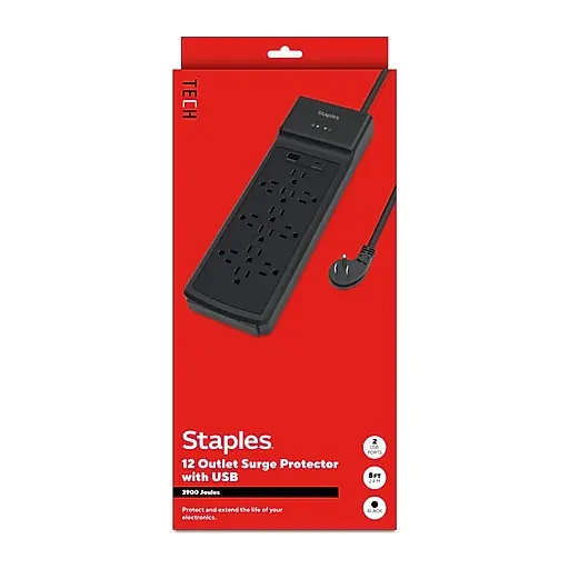 Staples TECH 12-Outlet 2-USB Port Surge Protector, 8', 3900 Joules, Black (ST62774) Best Price