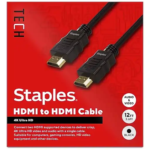 Staples TECH 12 ft. HDMI to HDMI Audio/Video Cable, Male to Male, Black (ST62465) Limited Time