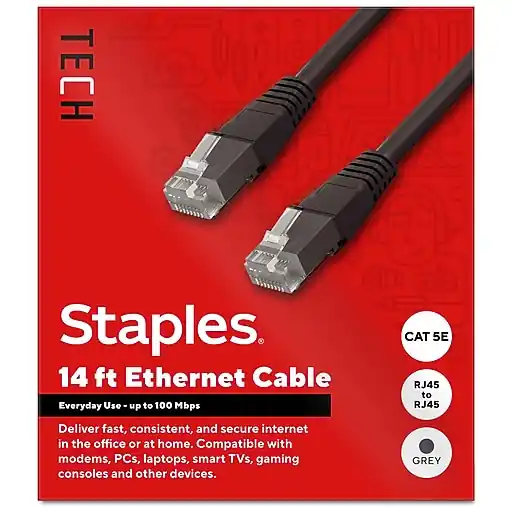 Staples TECH 14 ft. Cat 5E Ethernet Cable, Male to Male, Gray (ST62449) Genuine