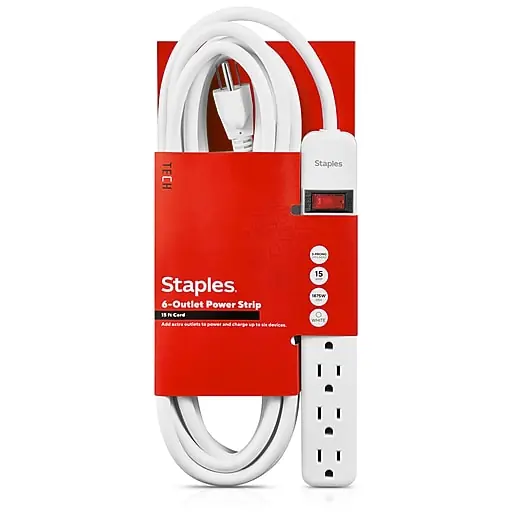 Hassle-Free Returns Staples TECH 6-Outlet Power Strip, 15' Cord, White (17649)