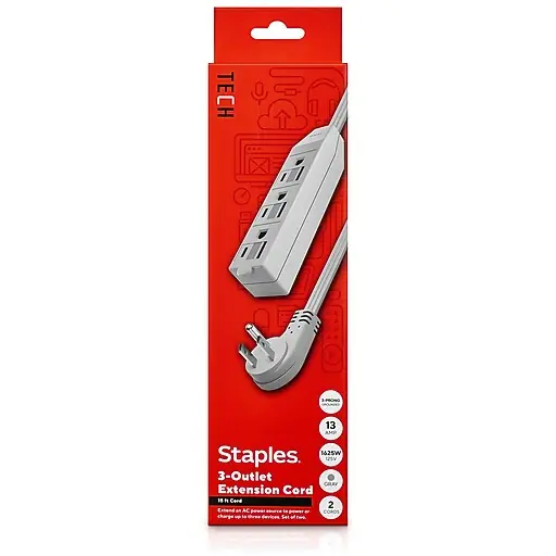 Staples TECH 15' Extension Cord, 3-Outlet, 16 AWG, Gray, 2/Pack (ST62347) Seasonal Sale