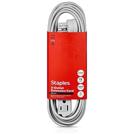 Don’t Miss Out Staples TECH 15' Extension Cord, 3-Outlet, 16 AWG, Gray (ST22130-CC)