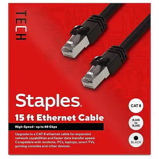 Staples TECH 15 ft. Cat-8 Ethernet Cable, Male to Male, Black (ST62464) Place Order
