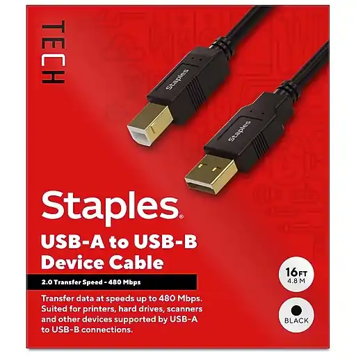Limited Time Staples TECH 16 ft. USB-A to USB-B Cable, Male to Male, Black (ST62440)