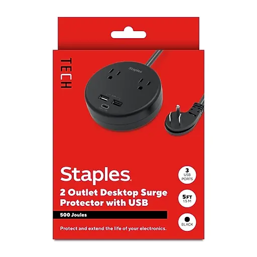 Staples TECH 2-Outlet 3-USB Port Surge Protector, 5', 500 Joules, Black (ST62772) Authentic