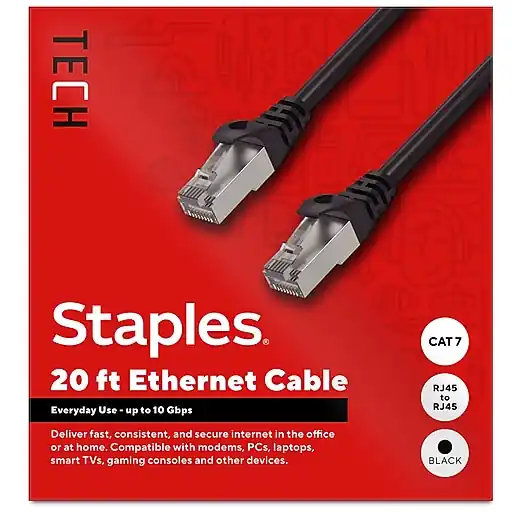 Staples TECH 20 ft. Cat 7 Ethernet Cable, Male to Male, Black (ST62462) Trusted Brand