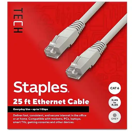 Staples TECH 25 ft. Cat-6 Ethernet Cable, Male to Male, Gray (ST62446) Limited Time
