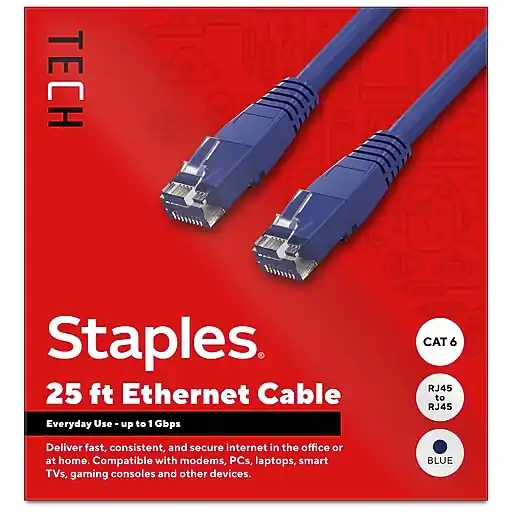 Staples TECH 25 ft. Cat-6 Ethernet Cable, Male to Male, Blue (ST62451) Save Now