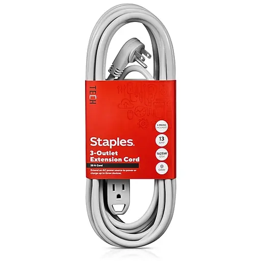 Mega Sale Staples TECH 25' Extension Cord, 3-Outlet, 16 AWG, Gray, 2/Pack (ST62346)