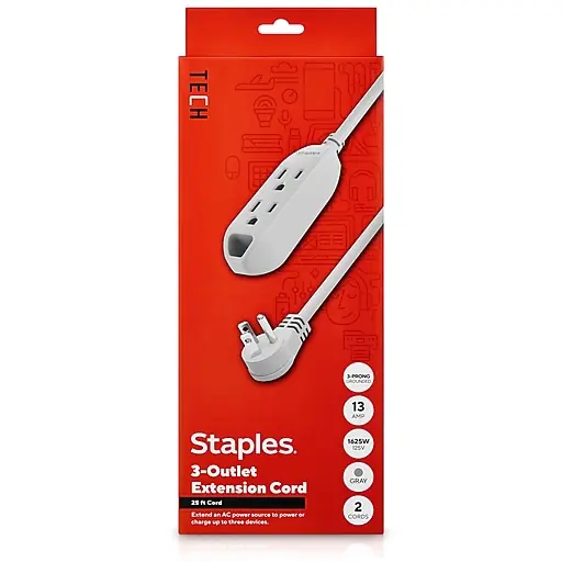 Staples TECH 25' Extension Cord, 3-Outlet, 16 AWG, Gray (ST22129-CC) Money Back Guarantee