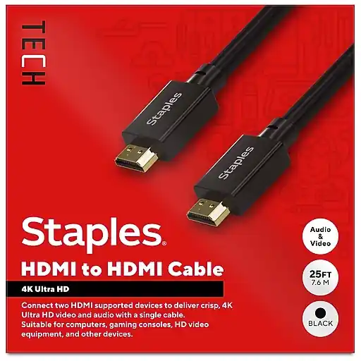Fan Favorite Staples TECH 25 ft. HDMI to HDMI Audio/Video Cable, Male to Male, Black (ST62476)