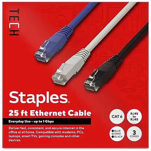 Modern Staples TECH 25 ft. Cat-6 Ethernet Cable, Male to Male, Assorted Colors, 3/Pack (ST62460)
