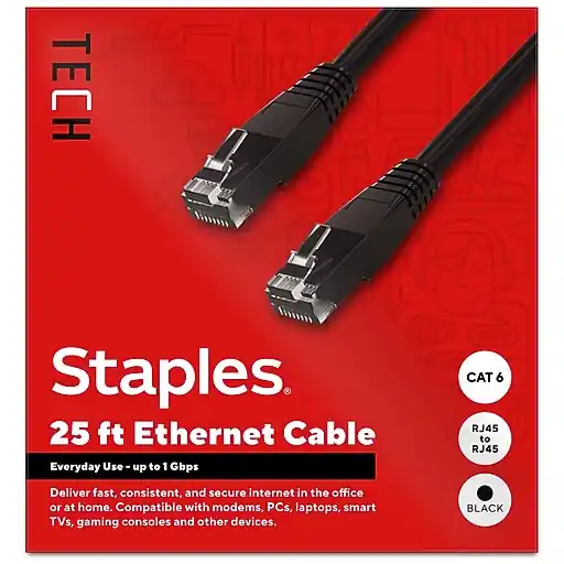 Holiday Sale Staples TECH 25 ft. Cat-6 Ethernet Cable, Male to Male, Black (ST62457)